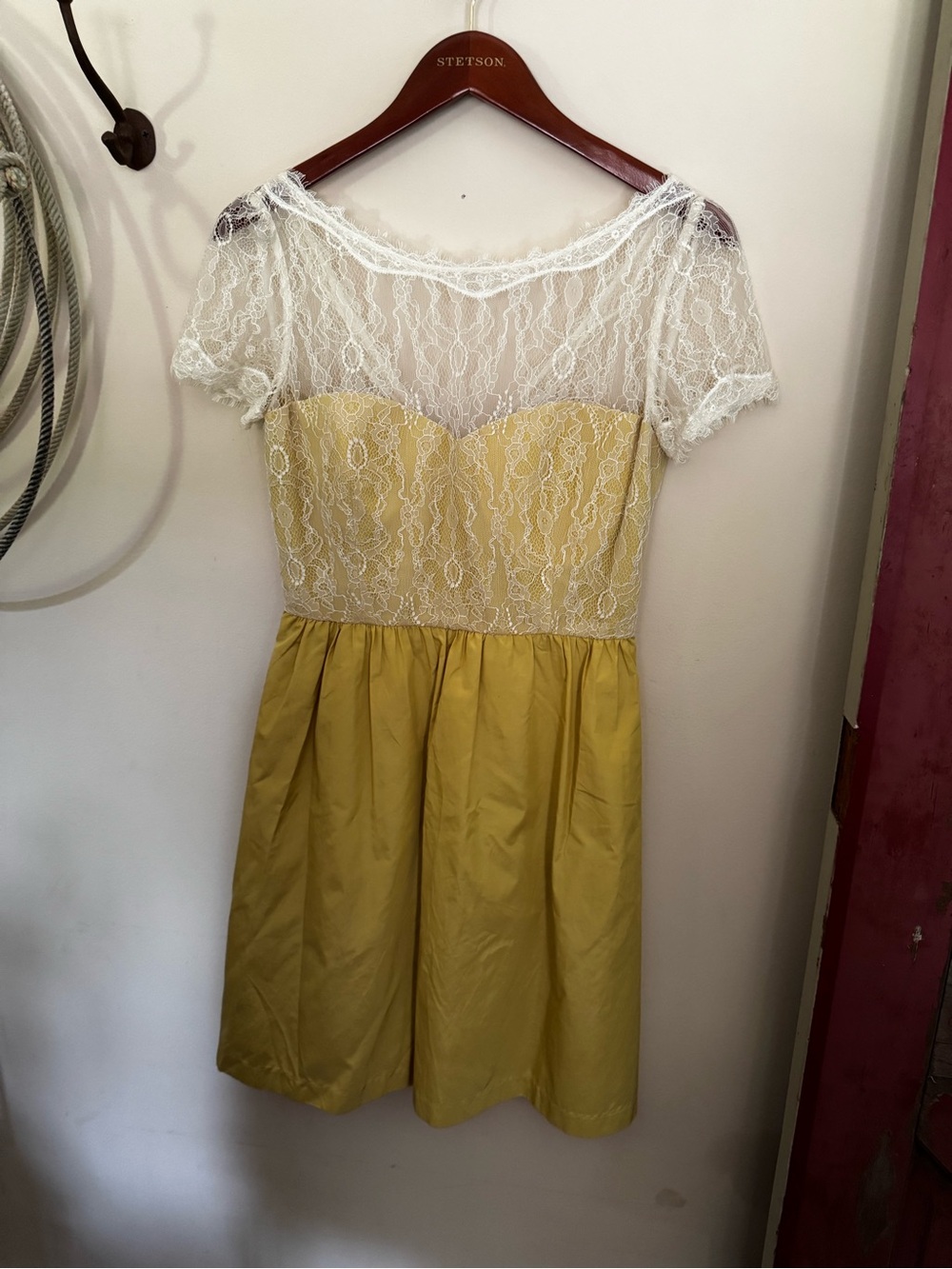 Yellow Lace Bodice Party Dress with Sheer White Lace Top